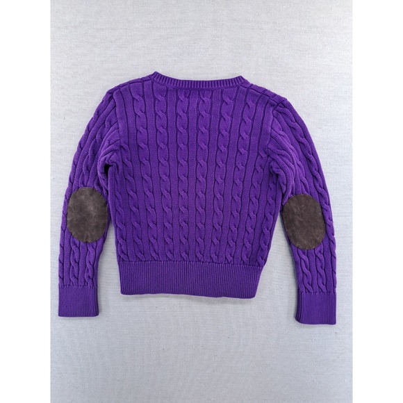 Polo Ralph Lauren Sweater Girls Small 7 Cable Knit Purple Suede Elbow Patch - Picture 3 of 6